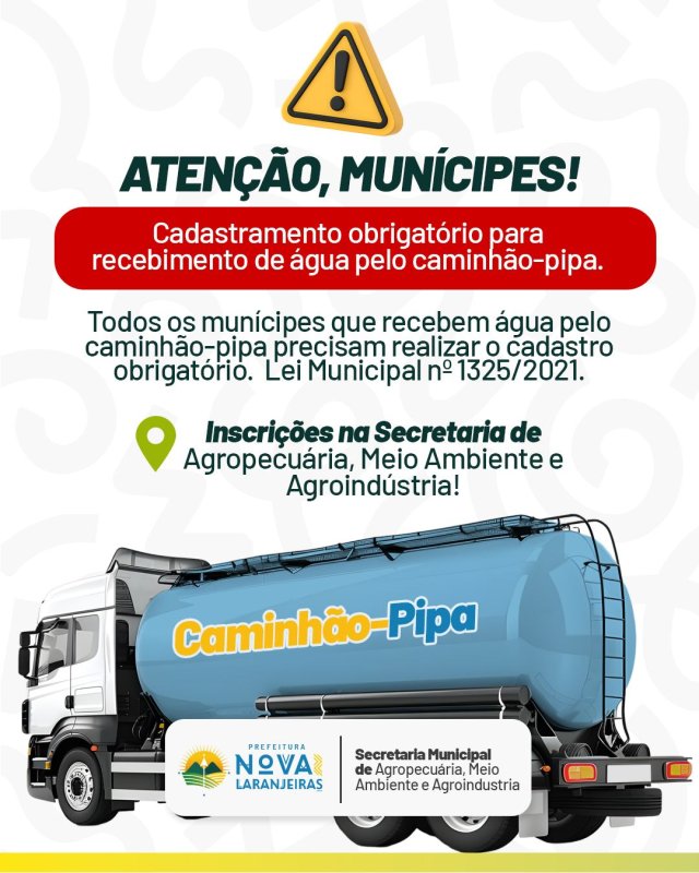 Aberto o cadastramento obrigatório para o abastecimento de água por meio do caminhão-pipa